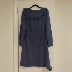 A.P.C. Robe Mel Dress in Dark Navy Polka Dot High Neck Ruffle Size 42 or US 8/10